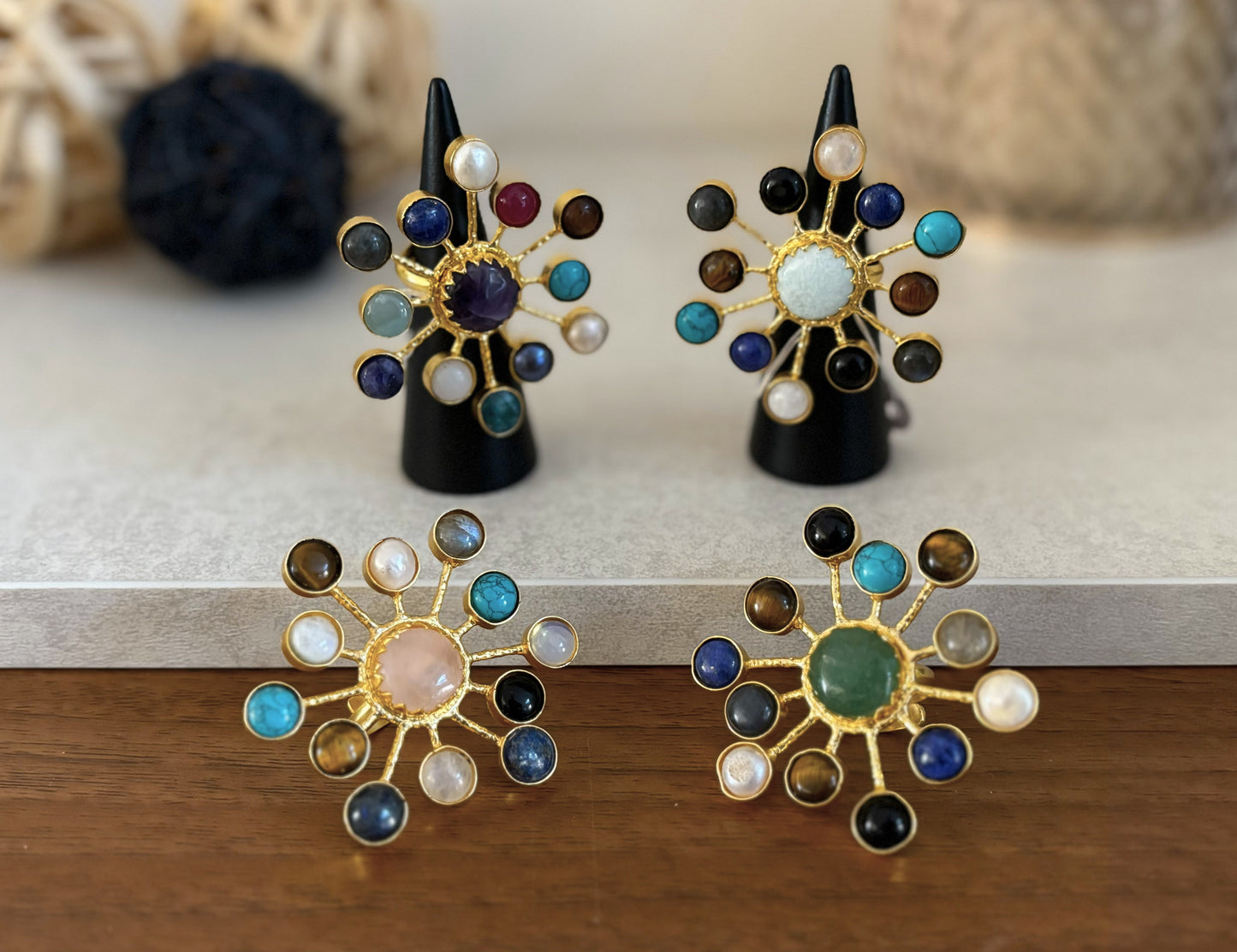 Multi-Stone Sunburst Adjustable Ring – Natural Gemstone Statement Ring