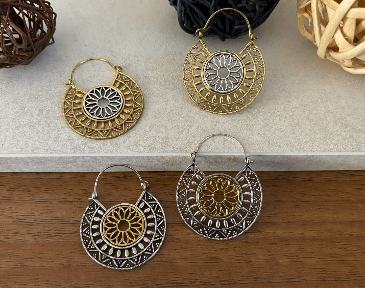 Dual Tone Mandala Brass Earrings – Boho Geometric Statement Earrings.