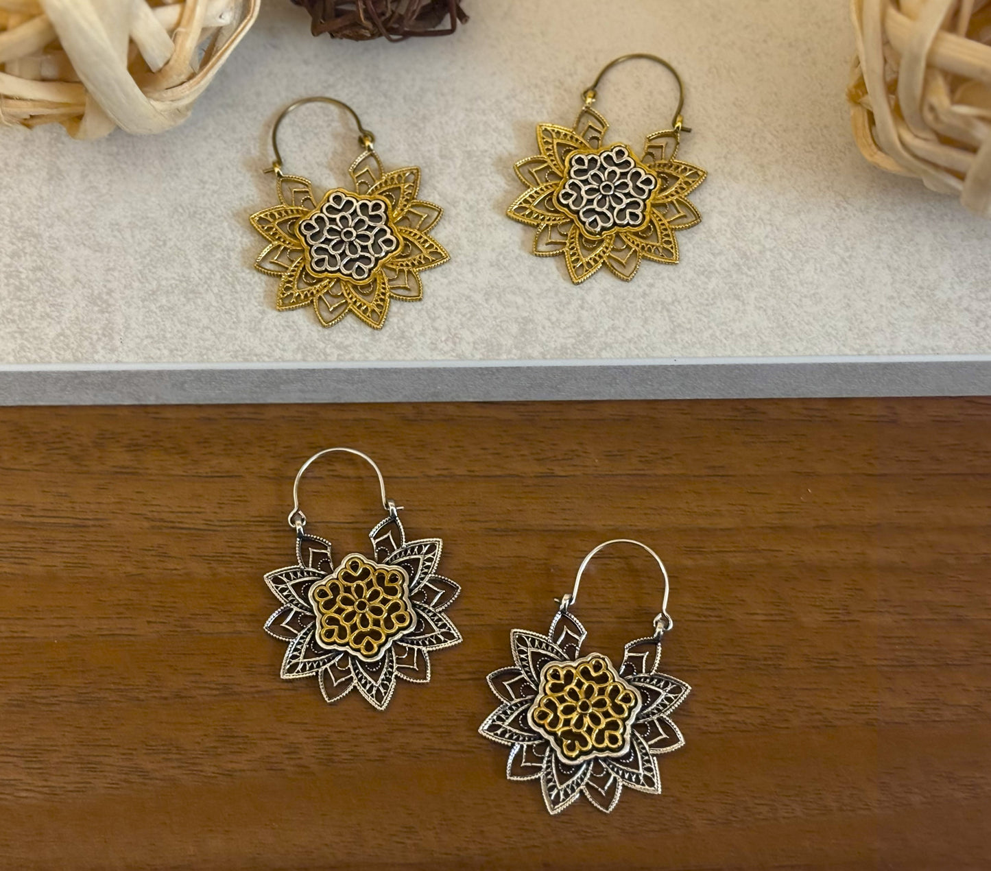 Two-Tone Floral Drop Earrings – Gold & Silver Statement Design.