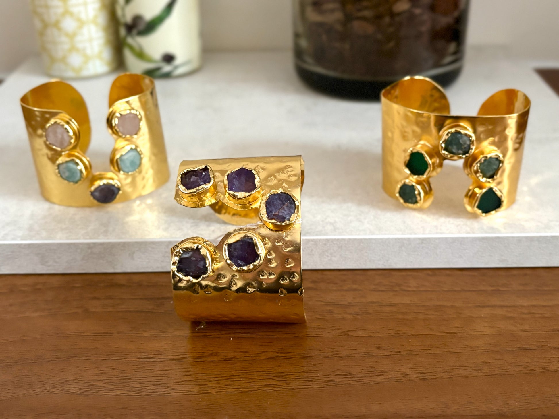 Handcrafted Gold-Plated Gemstone Adjustable Cuff Bracelet with Natural Stones.
