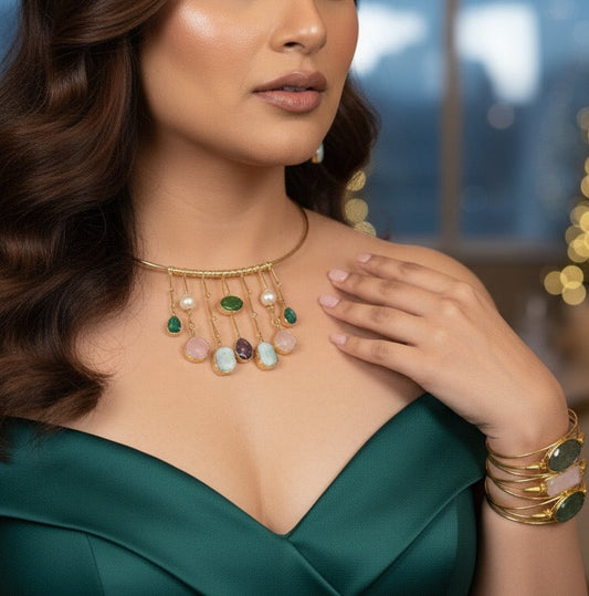 Handcrafted 18K Gold-Plated Multicolor Gemstone Hasli Necklace