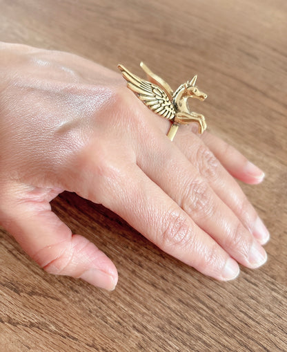 Gold Brass Pegasus Unicorn Statement Ring – Adjustable Ring.