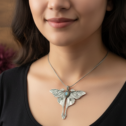 Woman wearing a butterfly-shaped necklace with a black top and blurred background