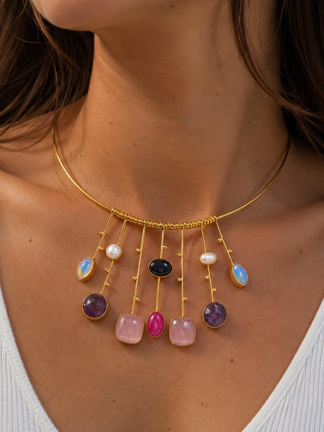 Handcrafted 18K Gold-Plated Multicolor Gemstone Hasli Necklace