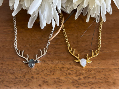 Gold/Sliver Deer Antler Pendant with Labradorite/Moonstone – Nature-Inspired Boho Statement Necklace.