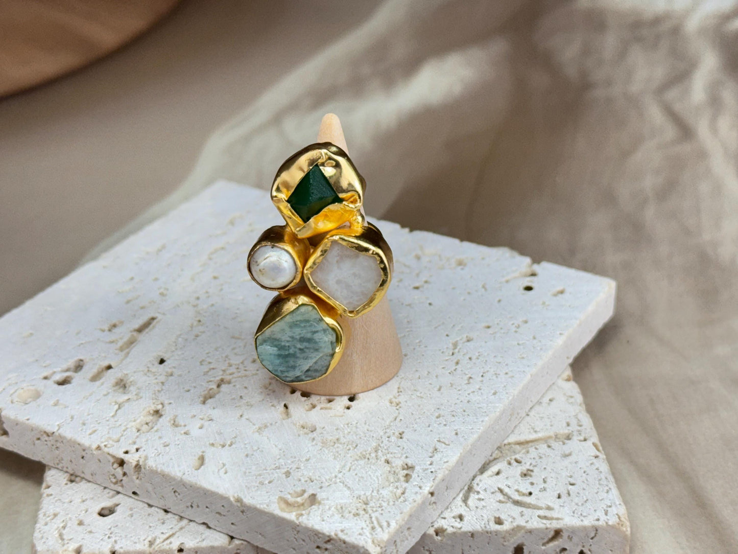 Bold Harmony Natural Stone Cluster Rings – Handcrafted  18k Gold-Plated Brass Statement Jewelry.