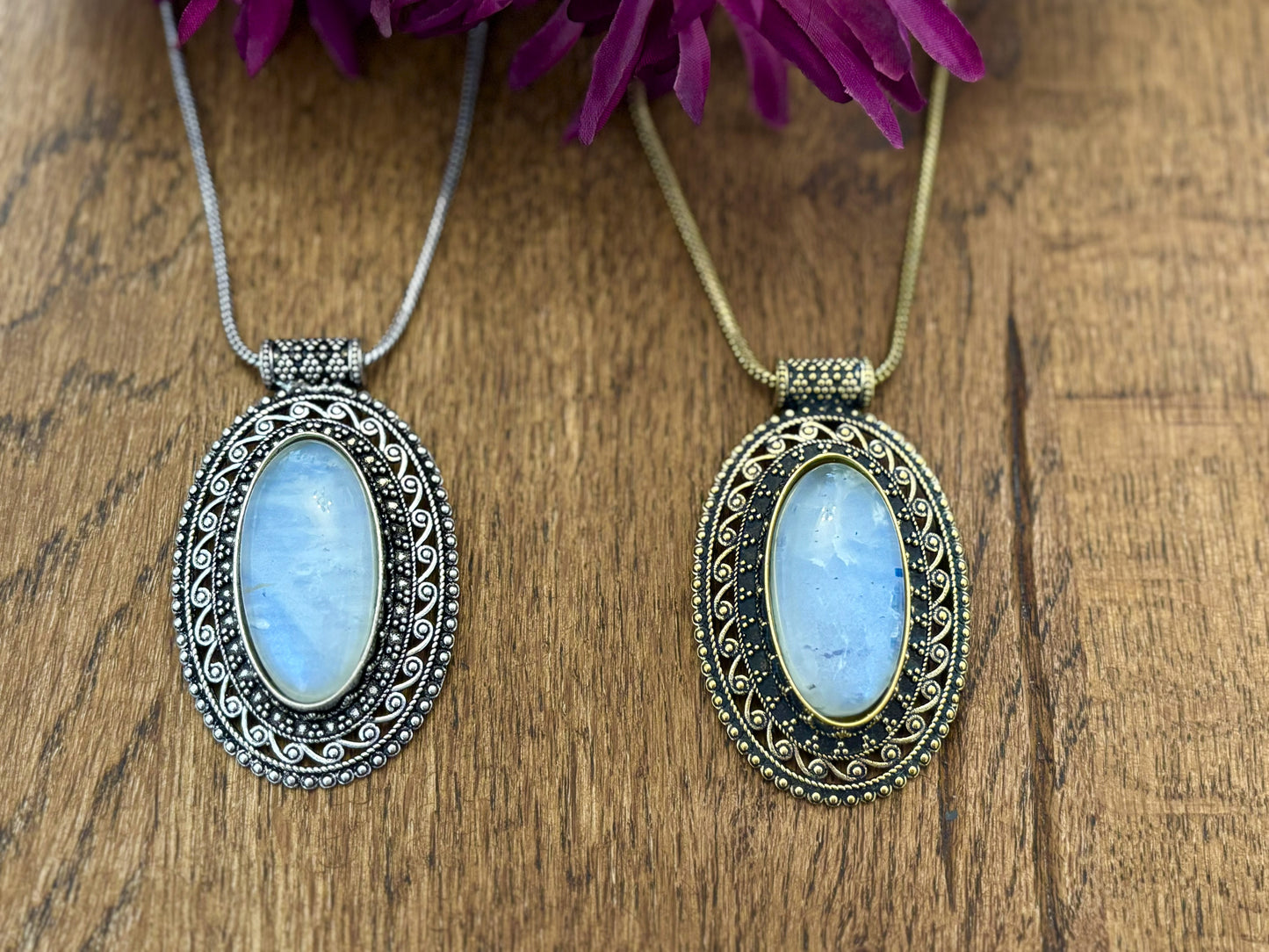 Large oval moonstone pendant necklace in vintage silver and antique gold
