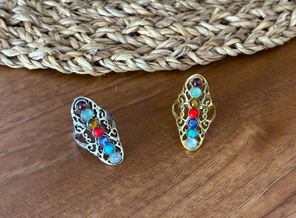 Bohemian Chakra Multi-Stone Adjustable Ring – Vintage Brass Statement Ring