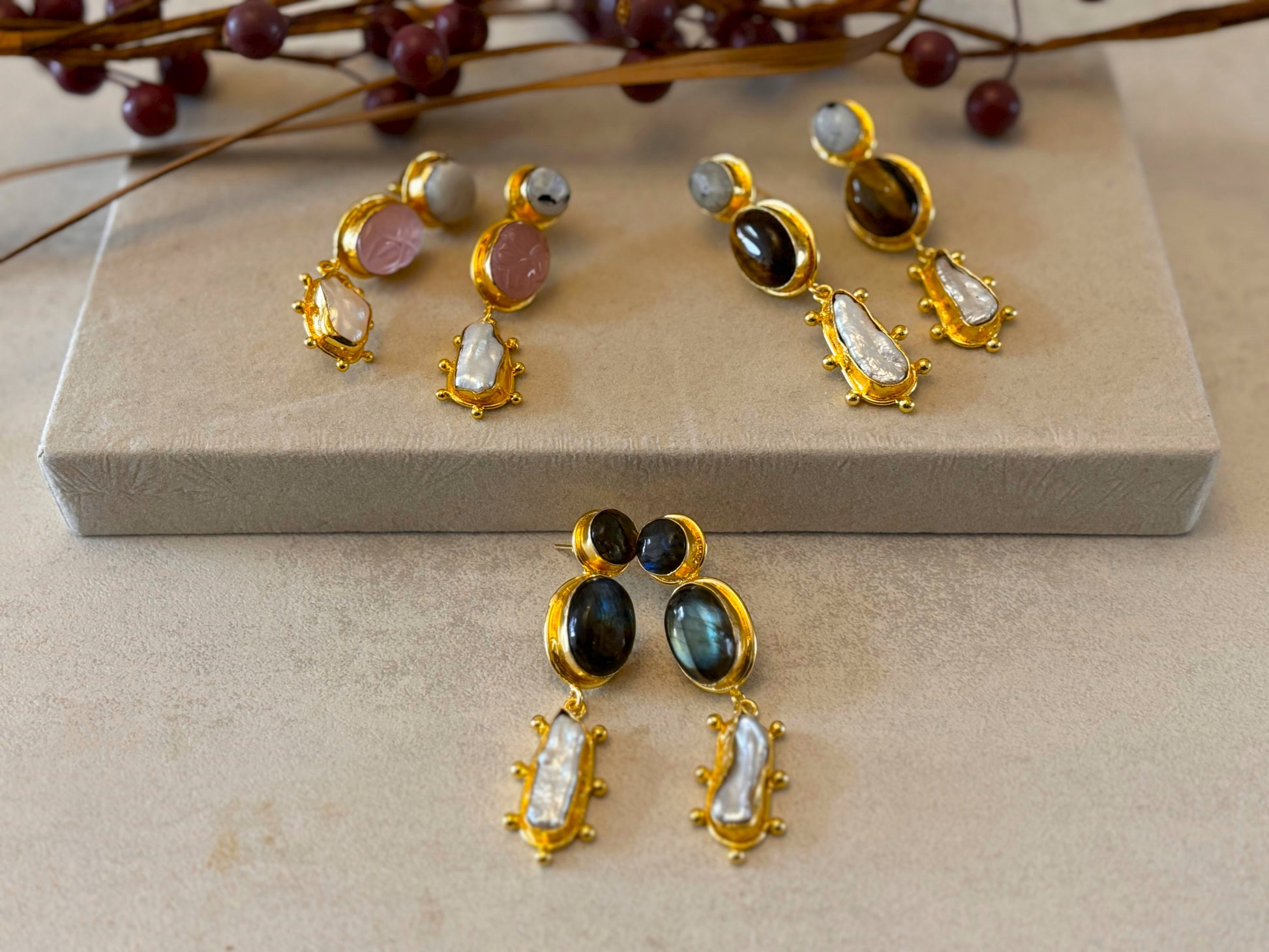 18K Gold-Plated Brass  Drop Earrings with Natural Gemstones.