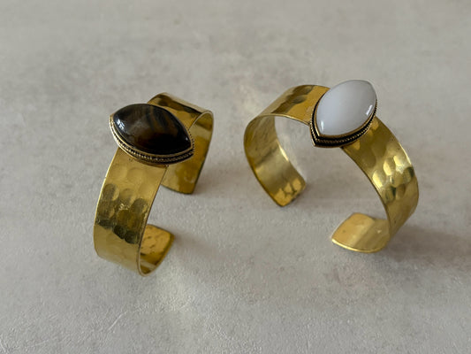 Teardrop Gemstone Hammered Brass Adjustable Cuff Bracelet