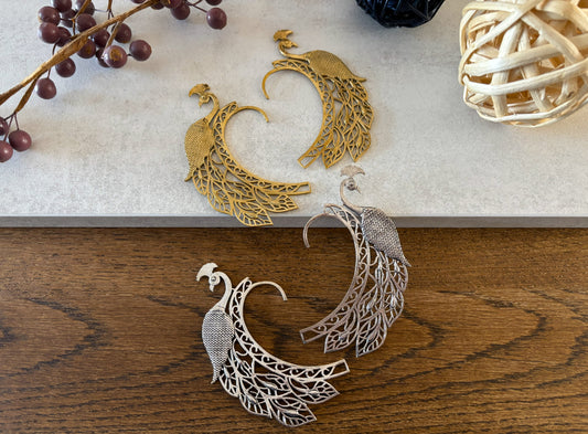 Boho Peacock Filigree Ear Cuff - No Piercing Wrap Earring in Silver & Gold.