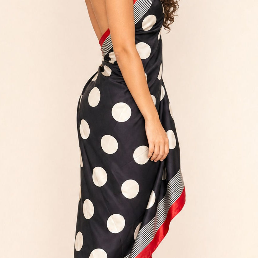 Polka Dot Satin Sarong — Riviera Drift, side view showing the wrapped silhouette