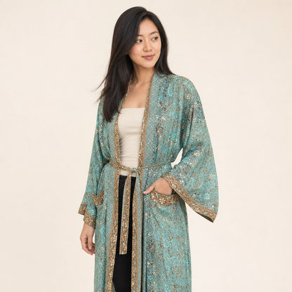 Metallic Floral Viscose Kimono Gilded Garden — pocket detail and border trim close-up