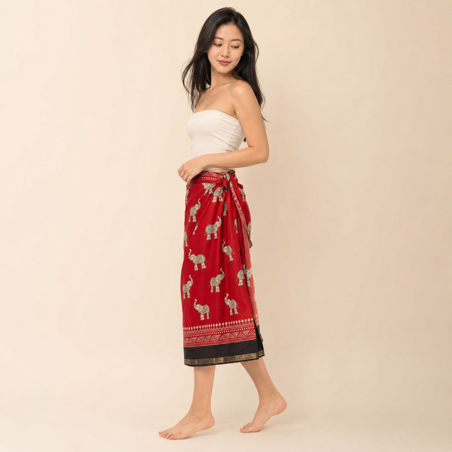 Elephant print Scarlet Tide sarong, side view showing wrap overlap and mid-calf hem