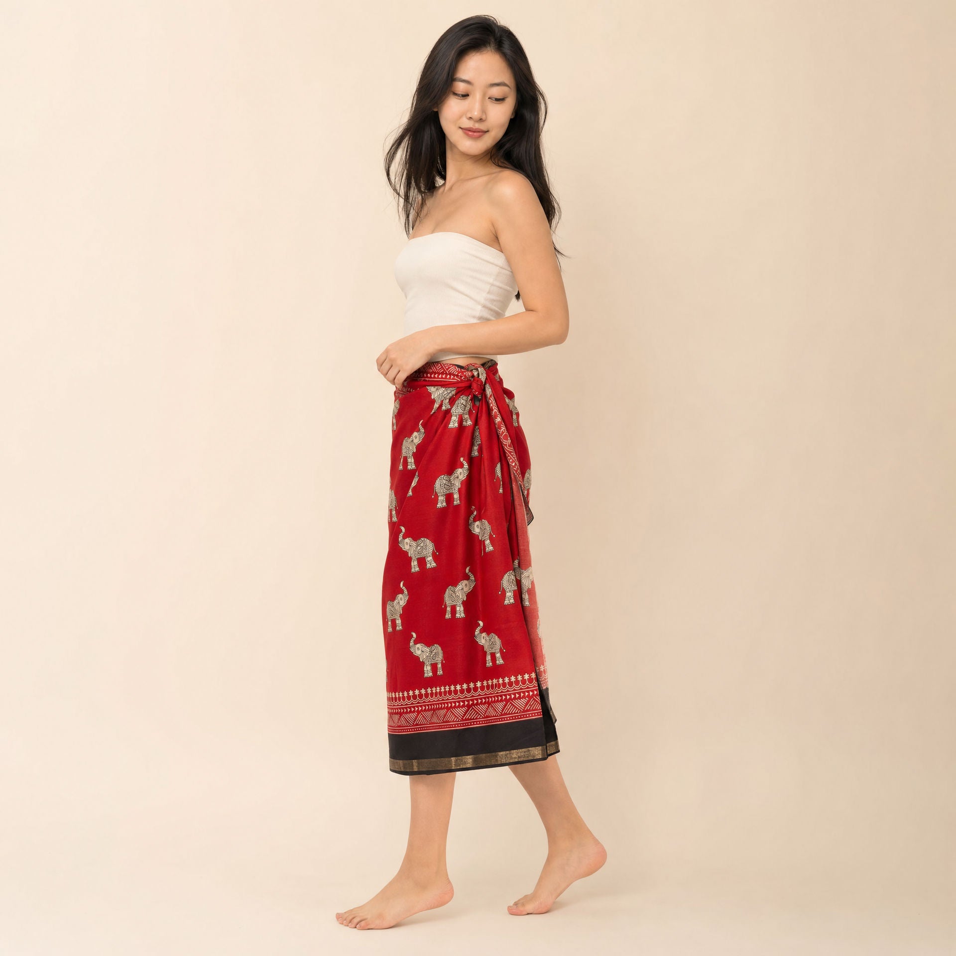 Elephant print Scarlet Tide sarong, side view showing wrap overlap and mid-calf hem