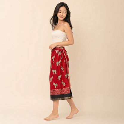 Elephant print Scarlet Tide sarong, side view showing wrap overlap and mid-calf hem