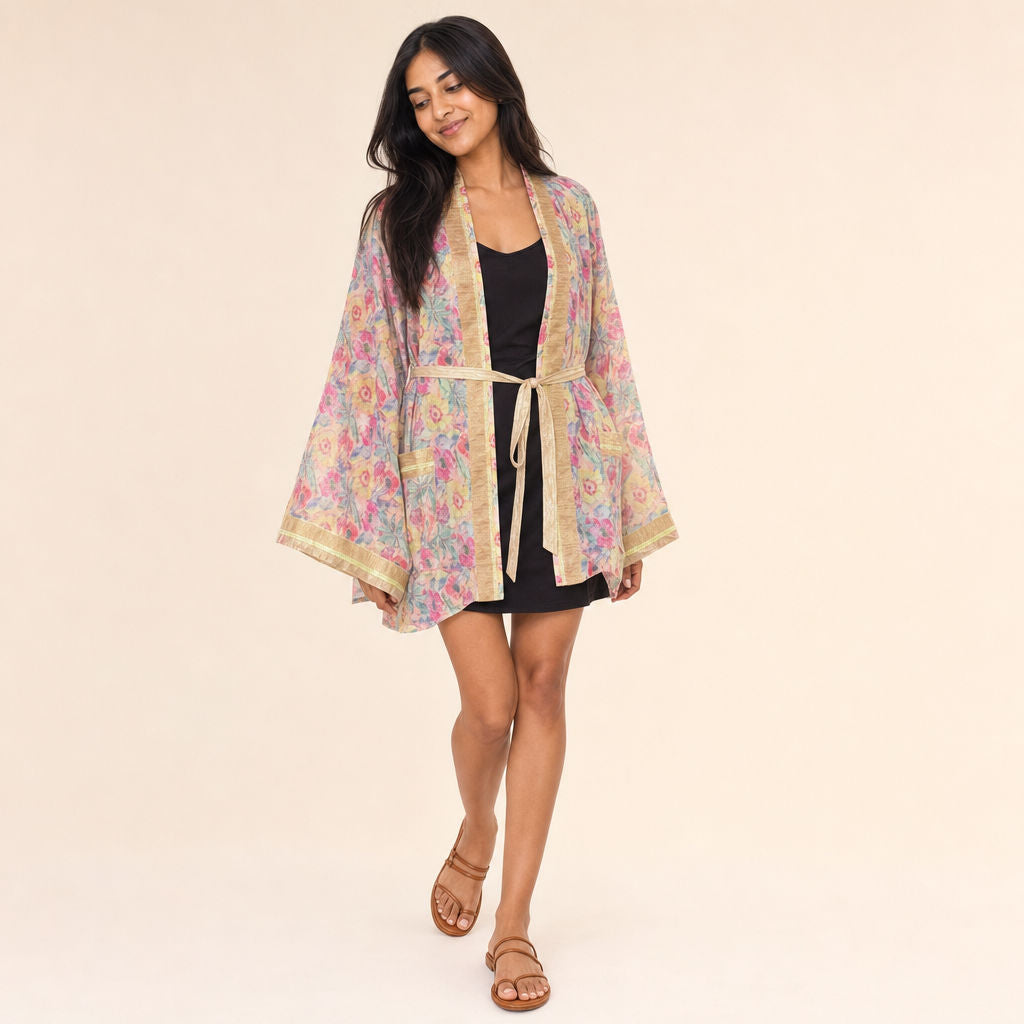 Three-quarter view of Watercolour Floral Georgette Kimono showing layering depth and panel drape