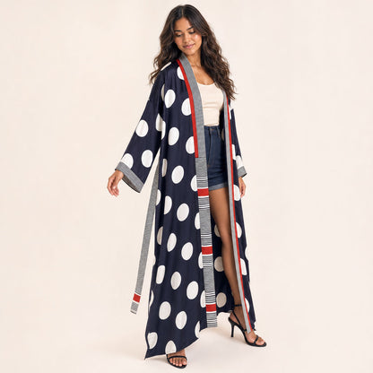 Three-quarter view of Polka Dot Satin Kimono showing layering depth and side panel drape