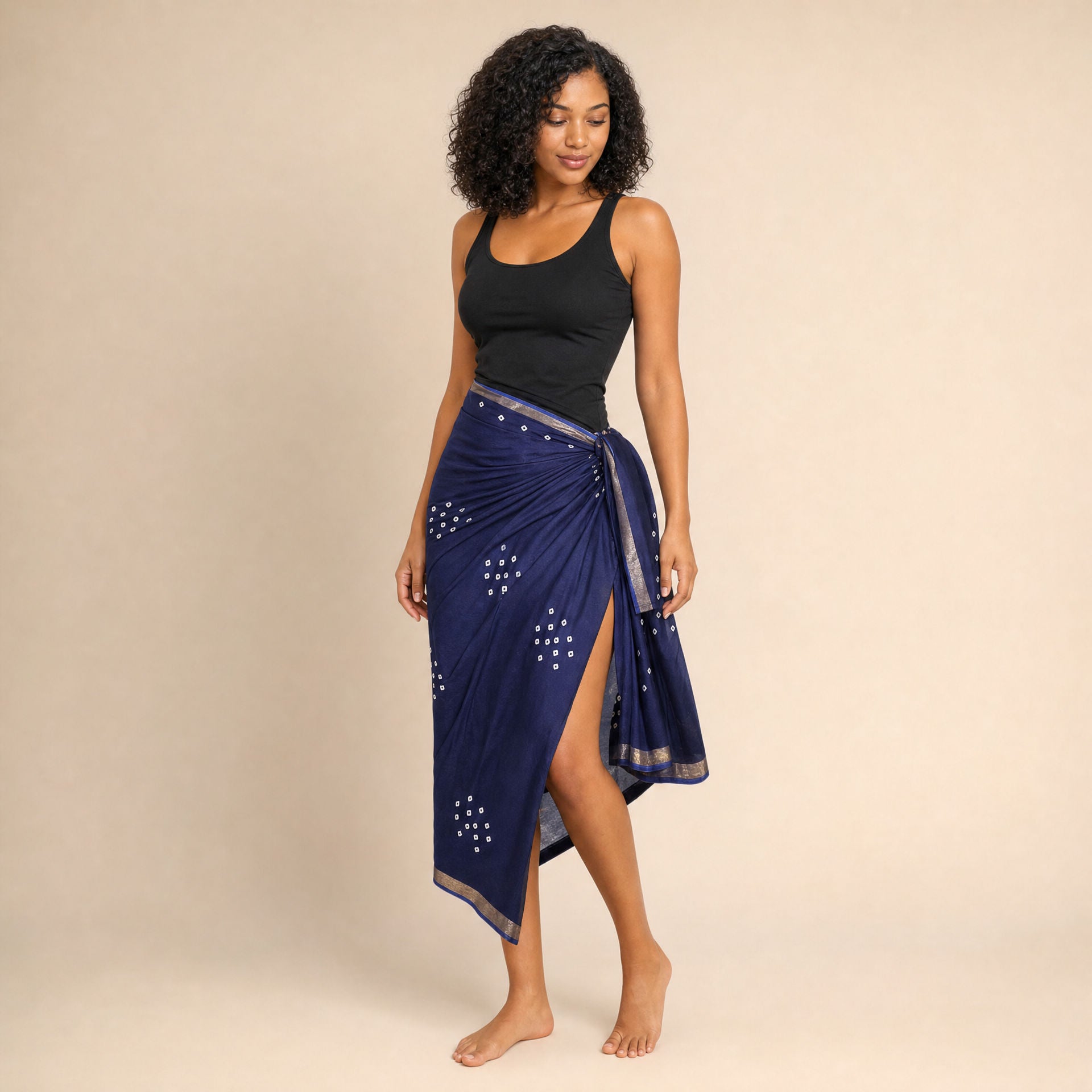 Bandhani Cotton-Silk Sarong — Indigo Tide — three-quarter view showing the drape