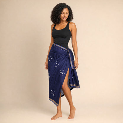 Bandhani Cotton-Silk Sarong — Indigo Tide — three-quarter view showing the drape