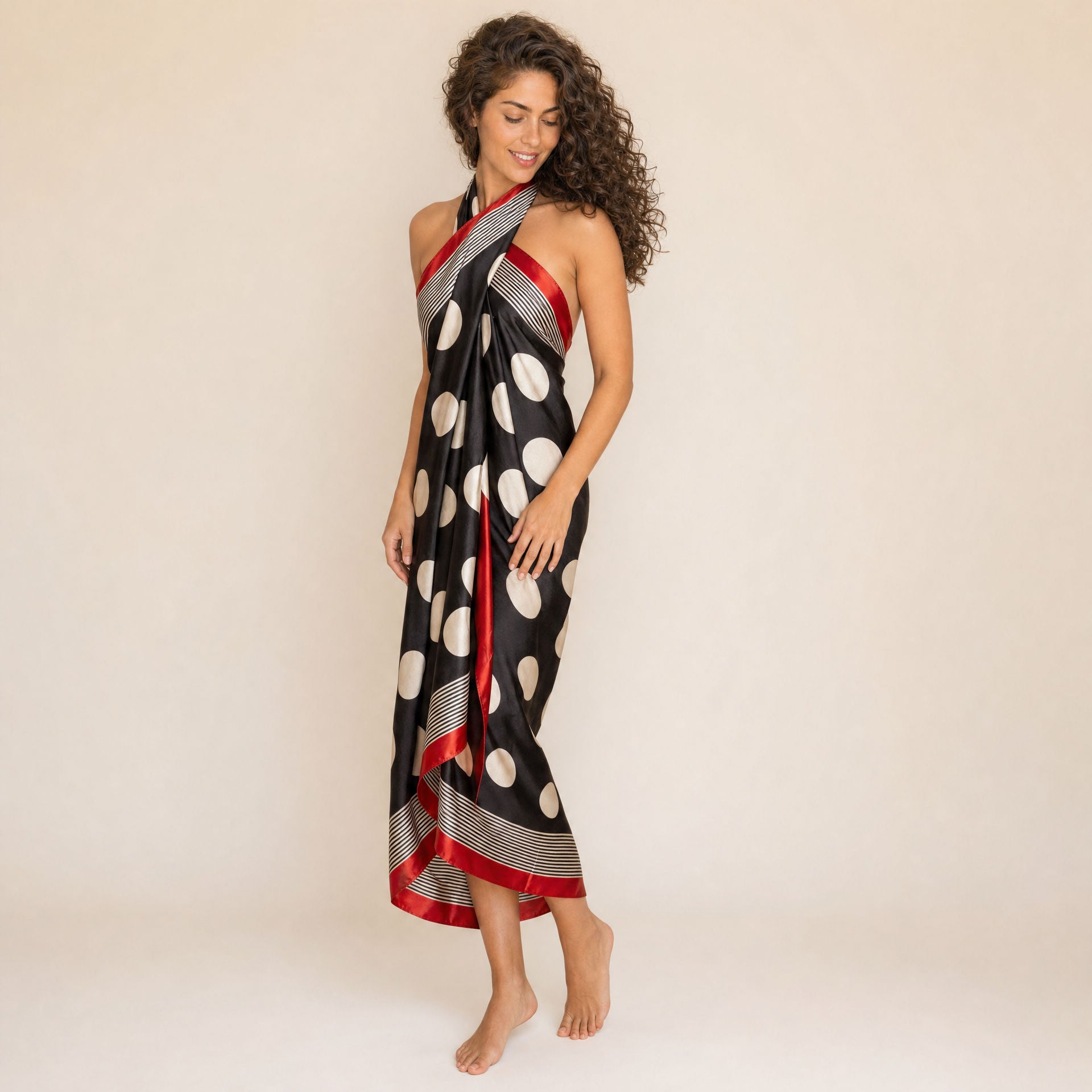 Polka Dot Satin Sarong — Riviera Drift, three-quarter view showing the wrap drape