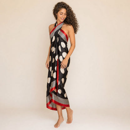 Polka Dot Satin Sarong — Riviera Drift, three-quarter view showing the wrap drape