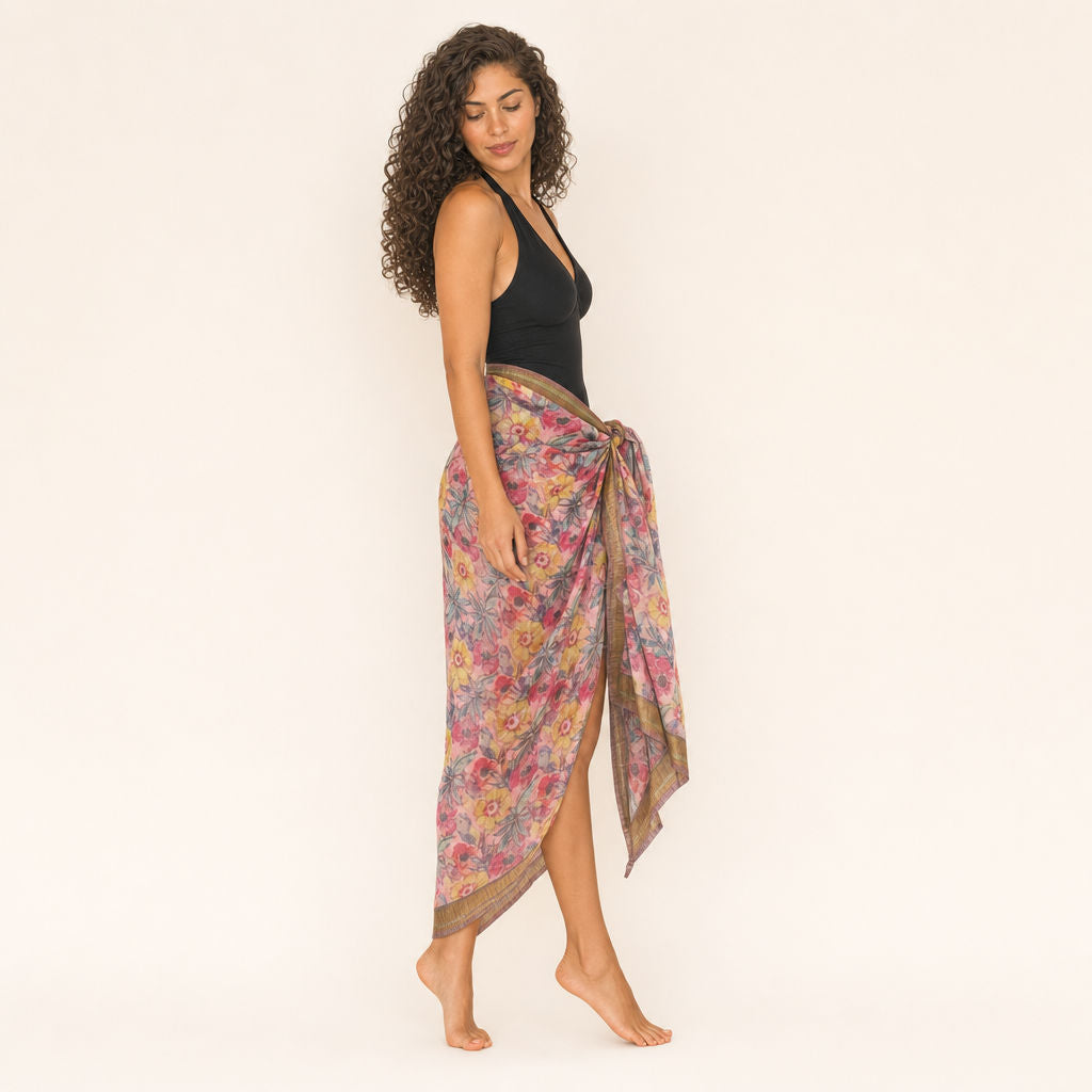 Watercolour Floral Sarong — Coral Drift — side profile showing wrap depth and asymmetric hem