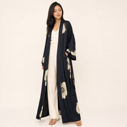 Floral Viscose Kimono Midnight Bloom three-quarter view showing panel layering and drape