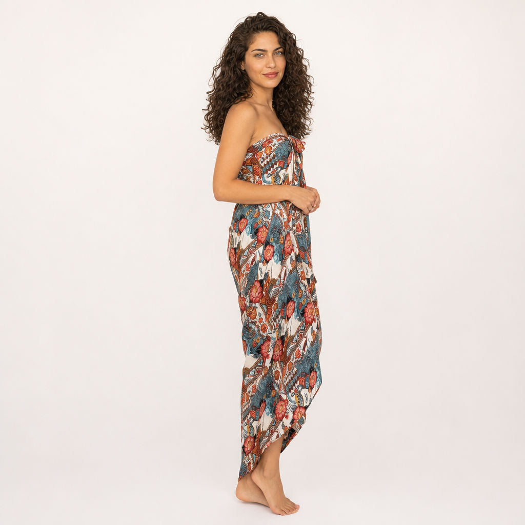 Coral Tide viscose sarong wrap dress - three-quarter view showing fabric drape