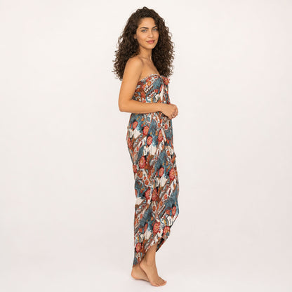 Coral Tide viscose sarong wrap dress - three-quarter view showing fabric drape