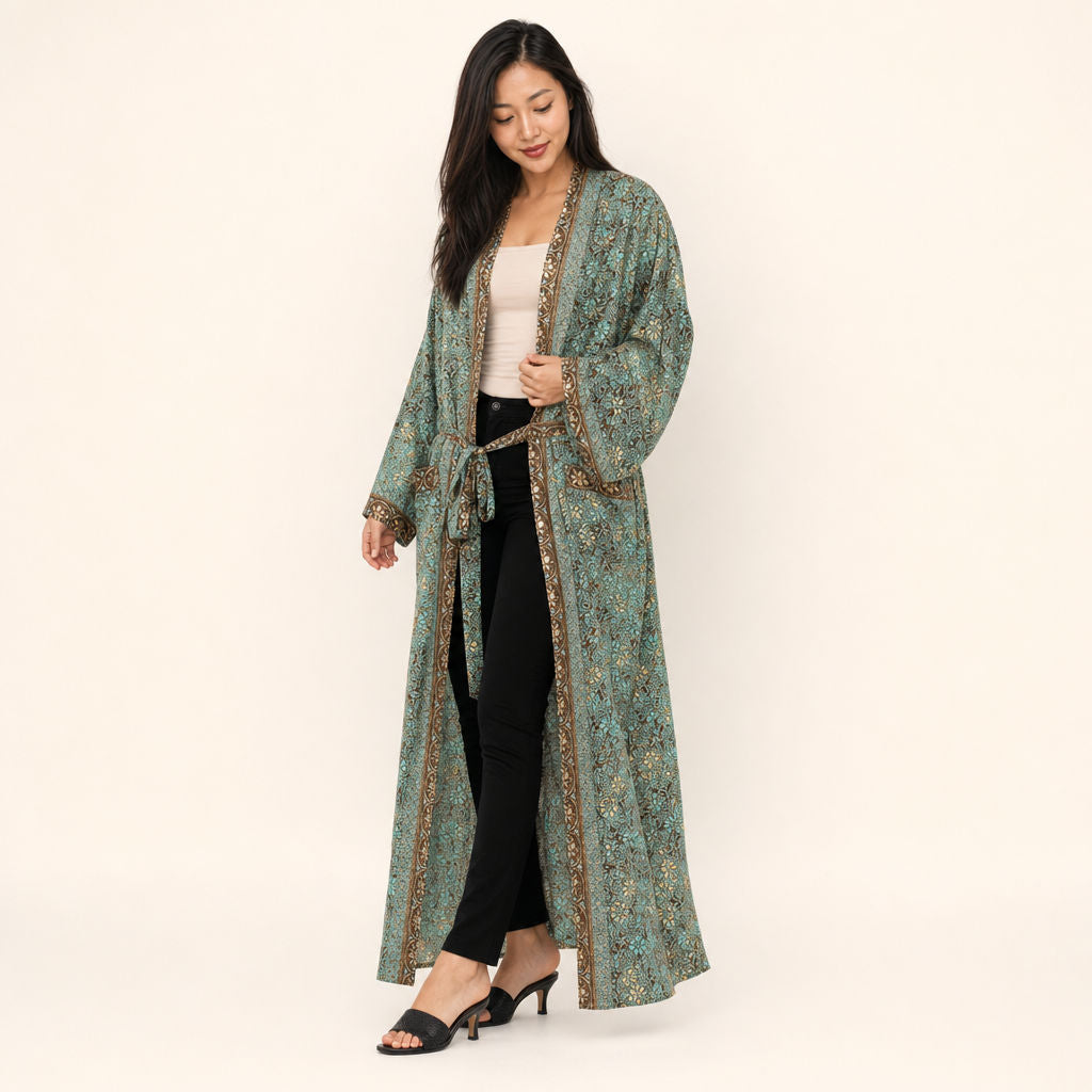 Metallic Floral Viscose Kimono Gilded Garden — three-quarter view showing layered drape