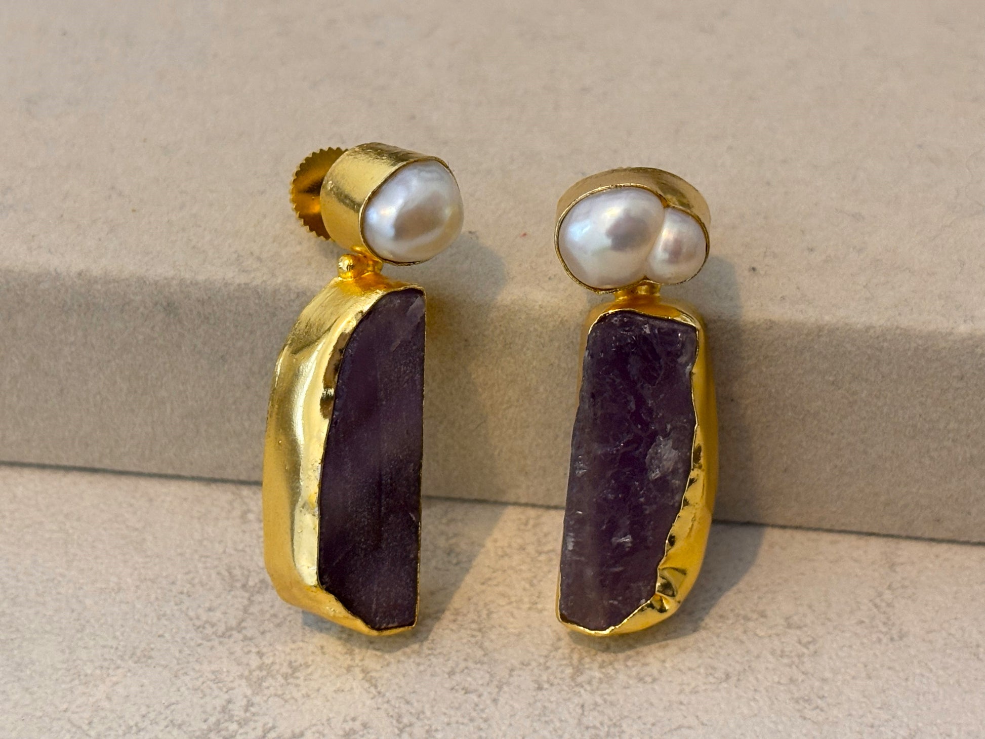 Gold-Plated Drop Earrings with Freshwater Pearl & Raw Stone Statement Earrings.