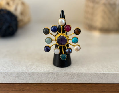 Multi-Stone Sunburst Adjustable Ring – Natural Gemstone Statement Ring