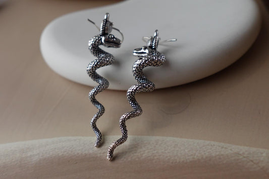 Serpentina Spiral Dangles - Twisted Brass Snake Earrings in Gold/Sliver Tone.