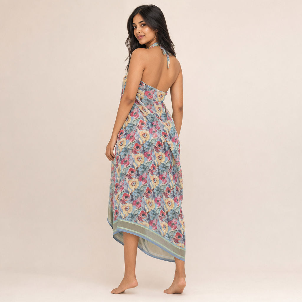 Back view of Watercolour Floral Sarong Aegean Bloom showing halter dress drape