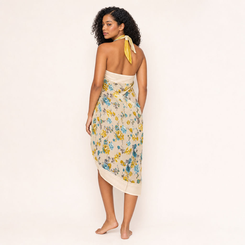 Floral georgette sarong — Marigold Tide, back view showing the open back and halter tie