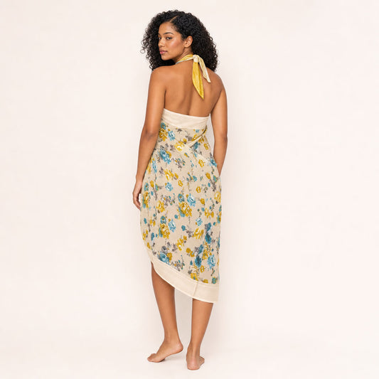 Floral georgette sarong — Marigold Tide, back view showing the open back and halter tie