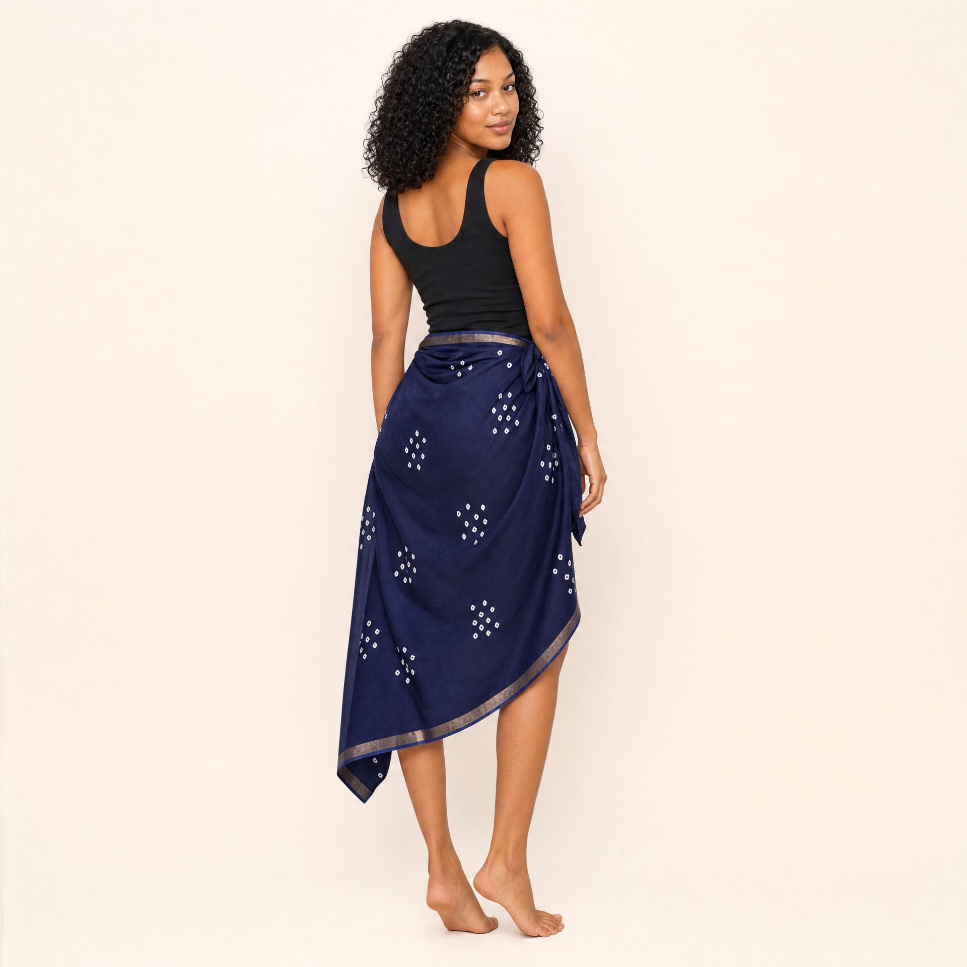 Bandhani Cotton-Silk Sarong — Indigo Tide — back view showing wrap drape and gold zari hem