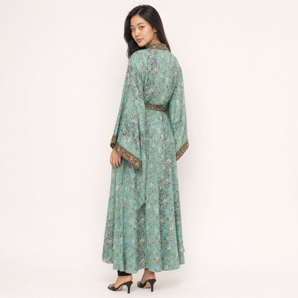 Back view of Metallic Floral Viscose Kimono Gilded Garden showing drape and border trim
