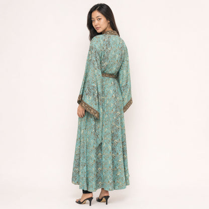 Back view of Metallic Floral Viscose Kimono Gilded Garden showing drape and border trim