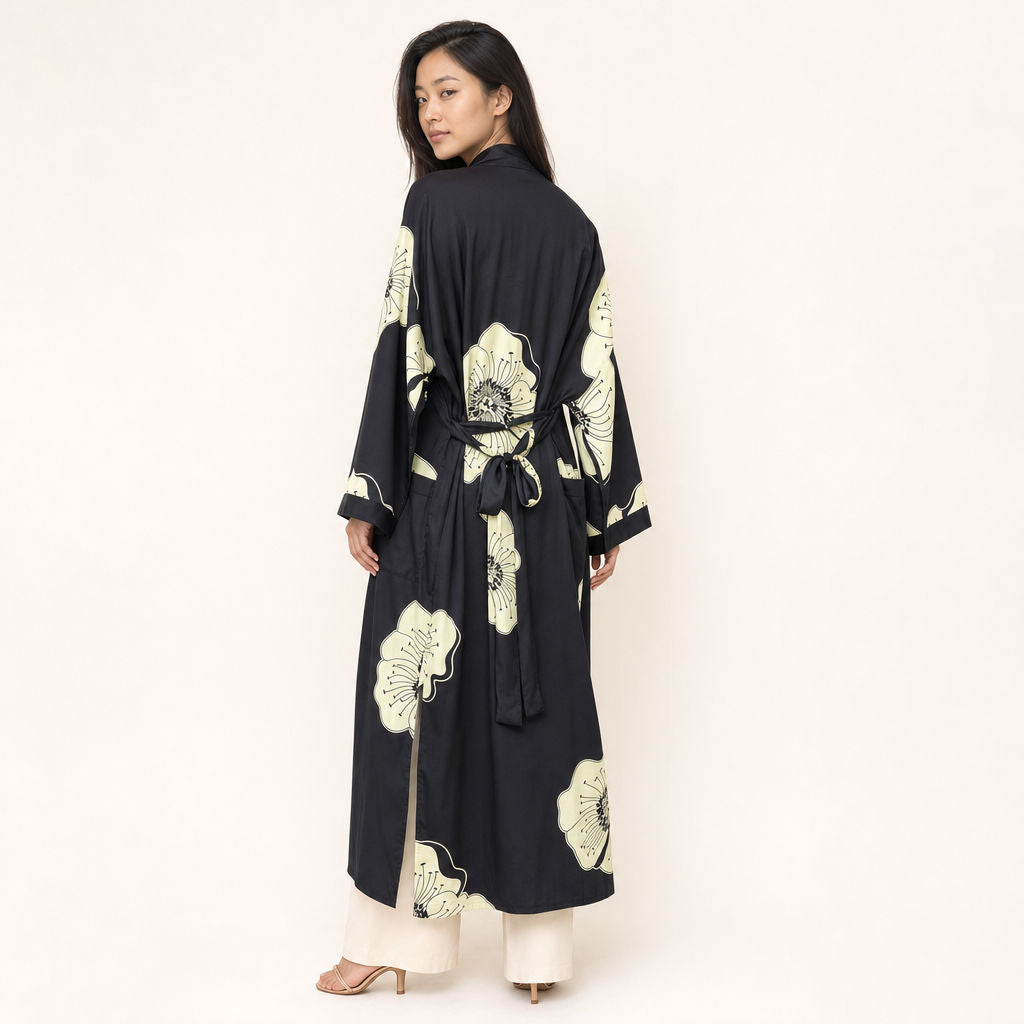 Back view of Floral Viscose Kimono Midnight Bloom showing self-fabric belt bow detail