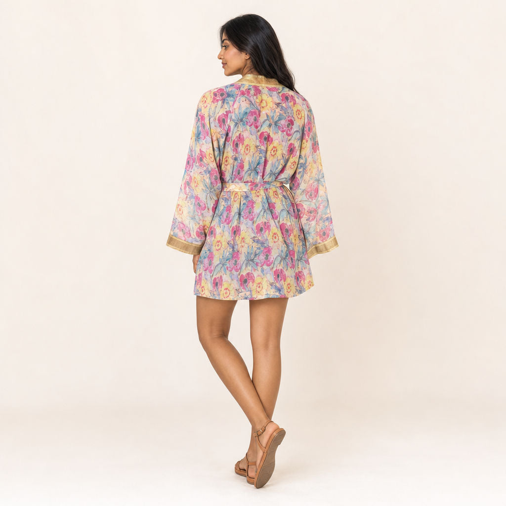 Back view of Watercolour Floral Georgette Kimono showing continuous print and gold collar border