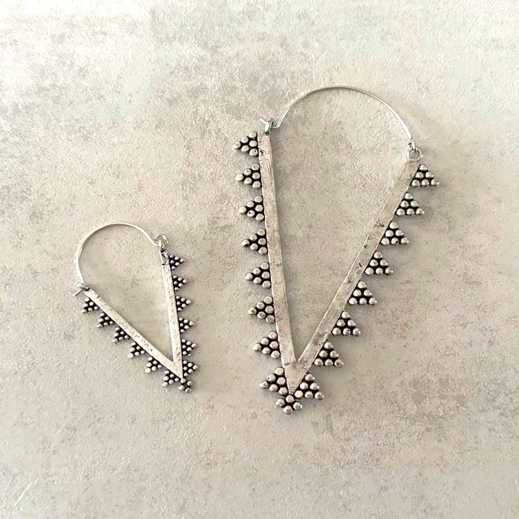 Granulated Brass Spike Hoop Earrings — Zahara in Small and Large, silver-plated brass side by side for size