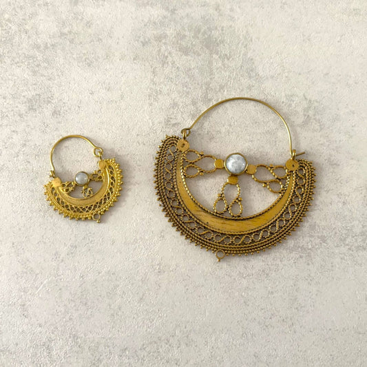 Filigree Brass Crescent Moon Hoop Earrings — Lunar Lace in Small and Large sizes, brass, by Boho Mantra