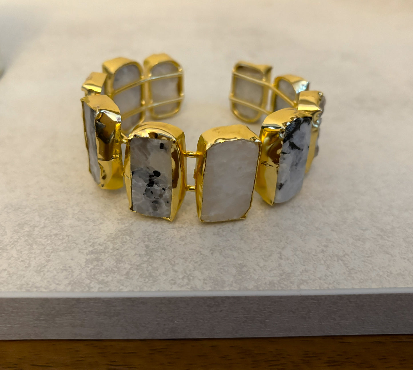 18K Gold Plated Open Cuff Bracelet with Natural Stone Segments.