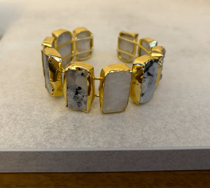 18K Gold Plated Open Cuff Bracelet with Natural Stone Segments.