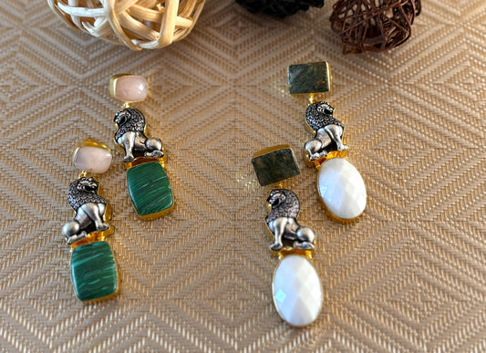 Lion Charm Statement Earrings with Natural Stone Drops