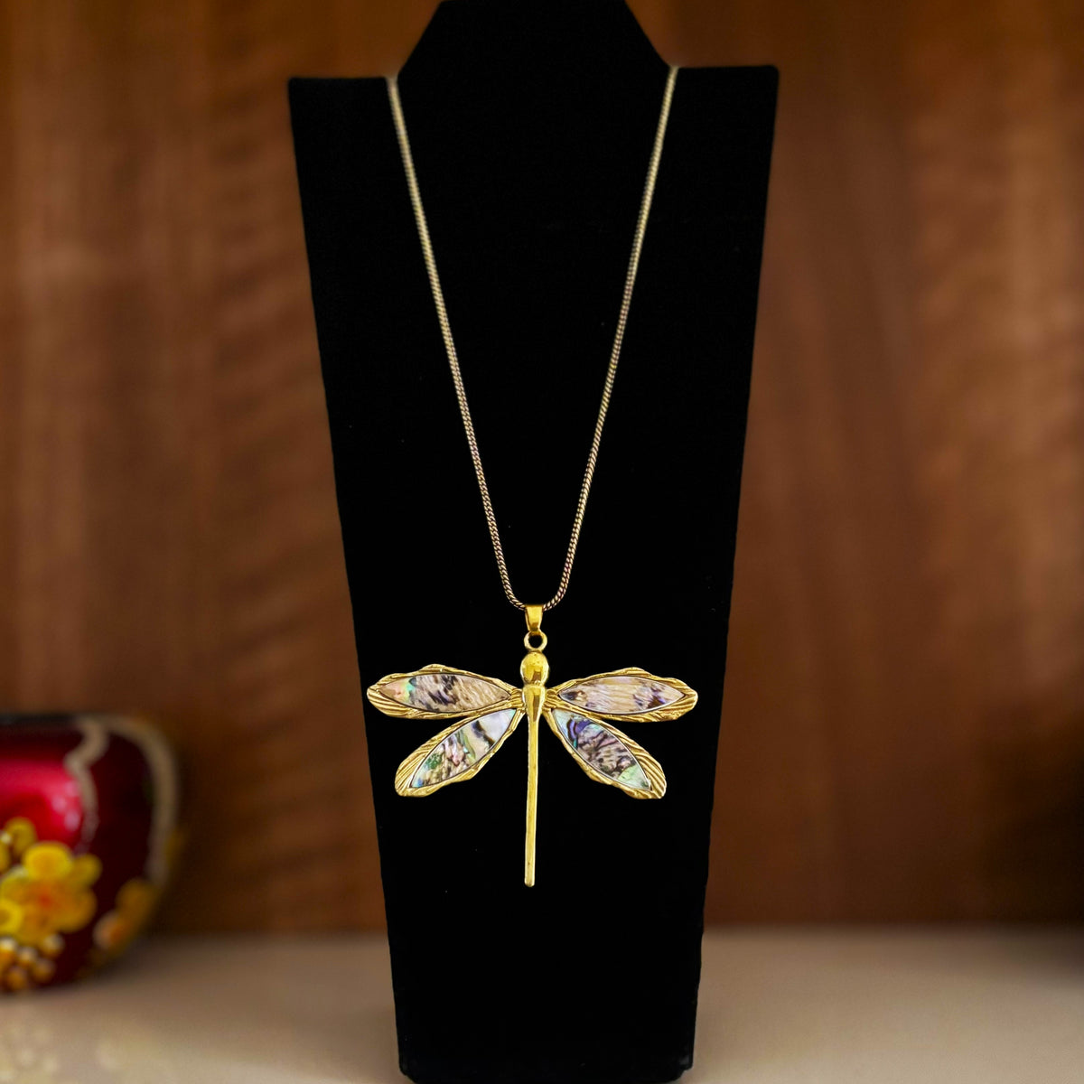 Abalone Shell Dragonfly Pendant Necklace — Rainbow Tide
