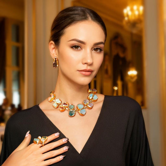 Golden Bloom Raw Stone Statement Set – 18K Gold-Plated jewellery Set.