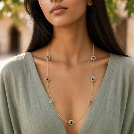 Brass medallion necklace detail with tiger eye and turquoise stones worn on model